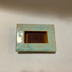 Hand Crafted Ikebana w Seated Metal Flower Frog - Teal w Tan Ceramic Rectangle